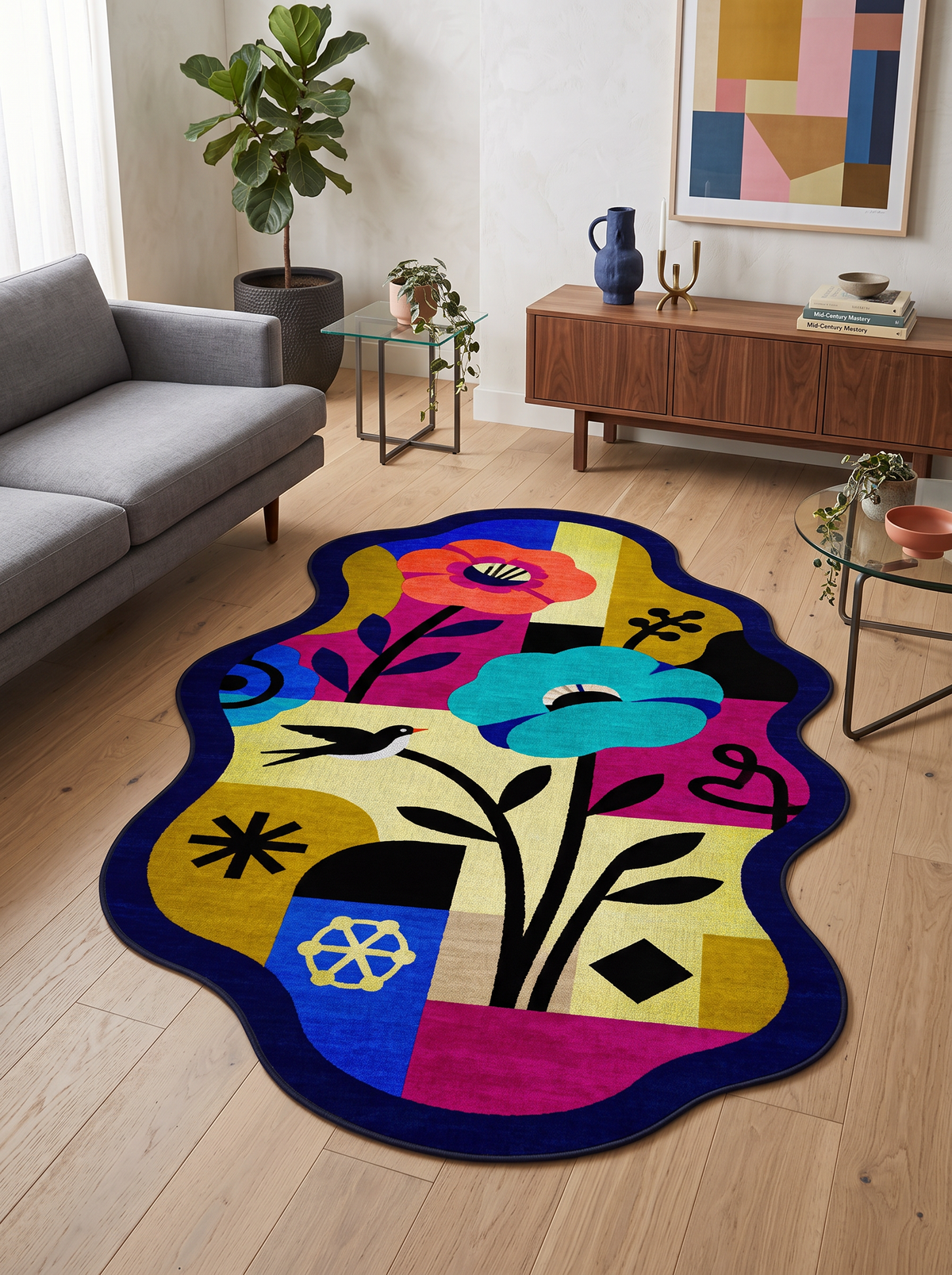 Arte AST067 Asimetrik Kesimli Modern Figürlü Renkli Şönil Halı