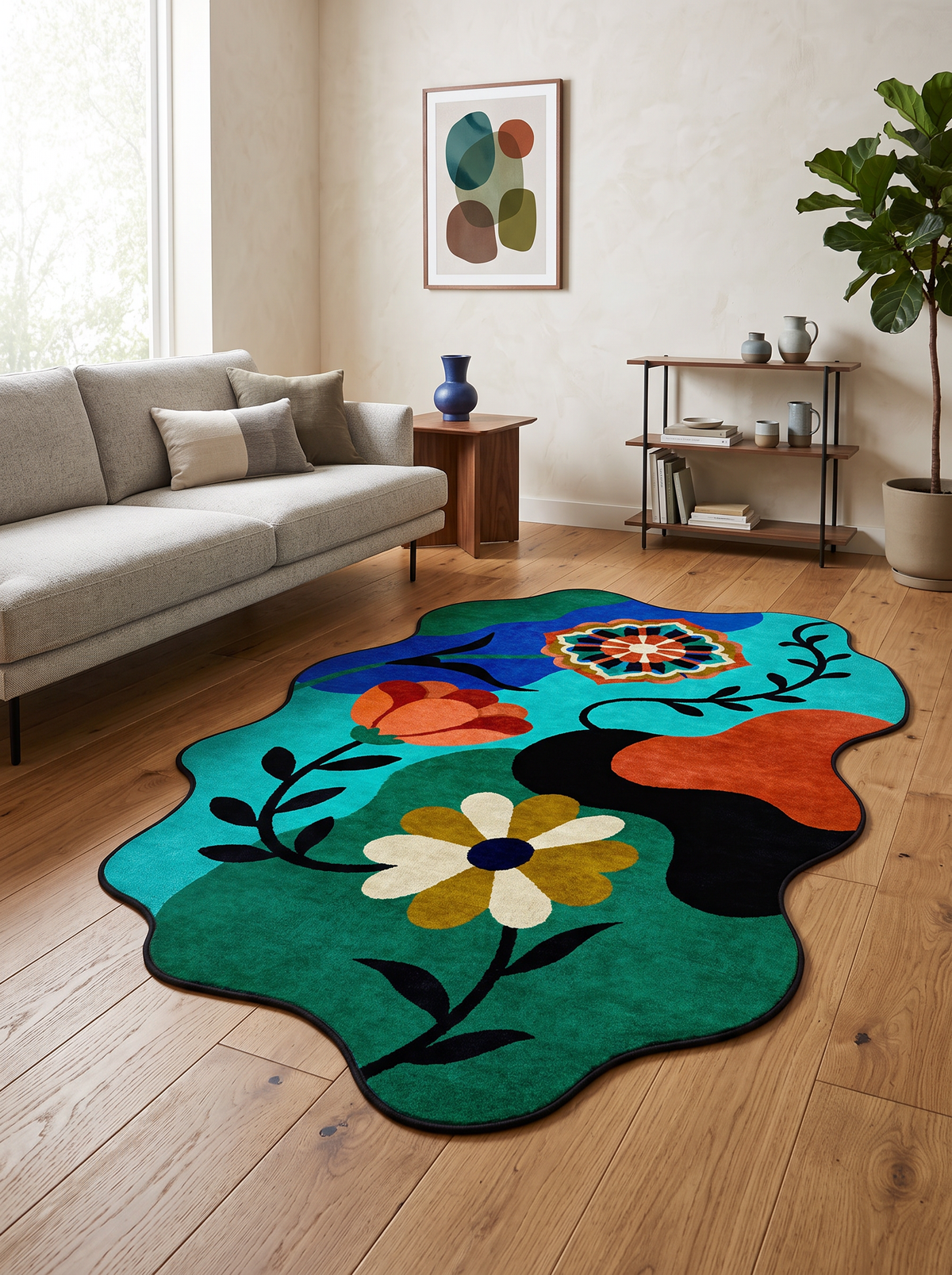 Arte AST068 Asimetrik Kesimli Modern Figürlü Renkli Şönil Halı