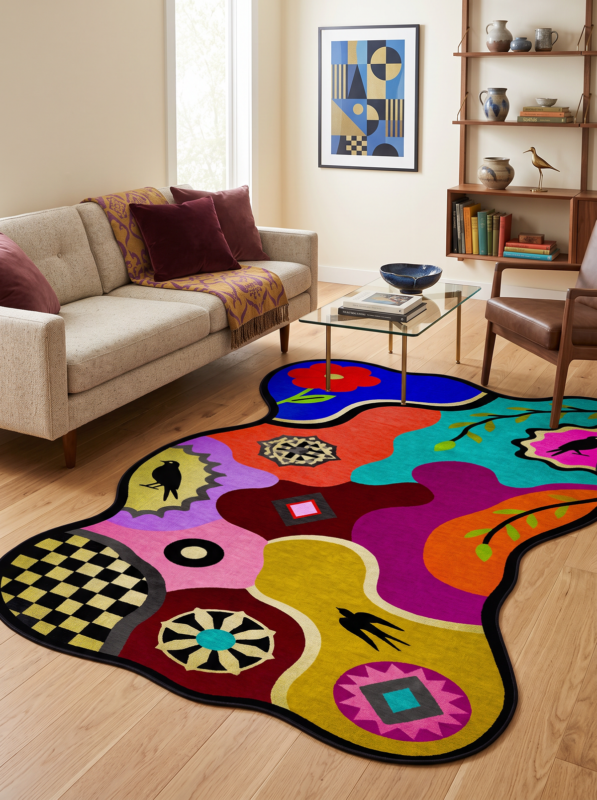 Arte AST065 Asimetrik Kesimli Modern Figürlü Renkli Şönil Halı