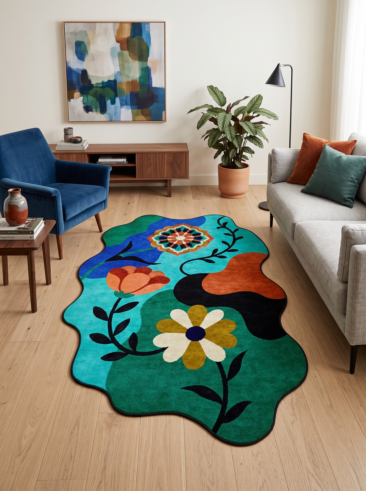 Arte AST068 Asimetrik Kesimli Modern Figürlü Renkli Şönil Halı