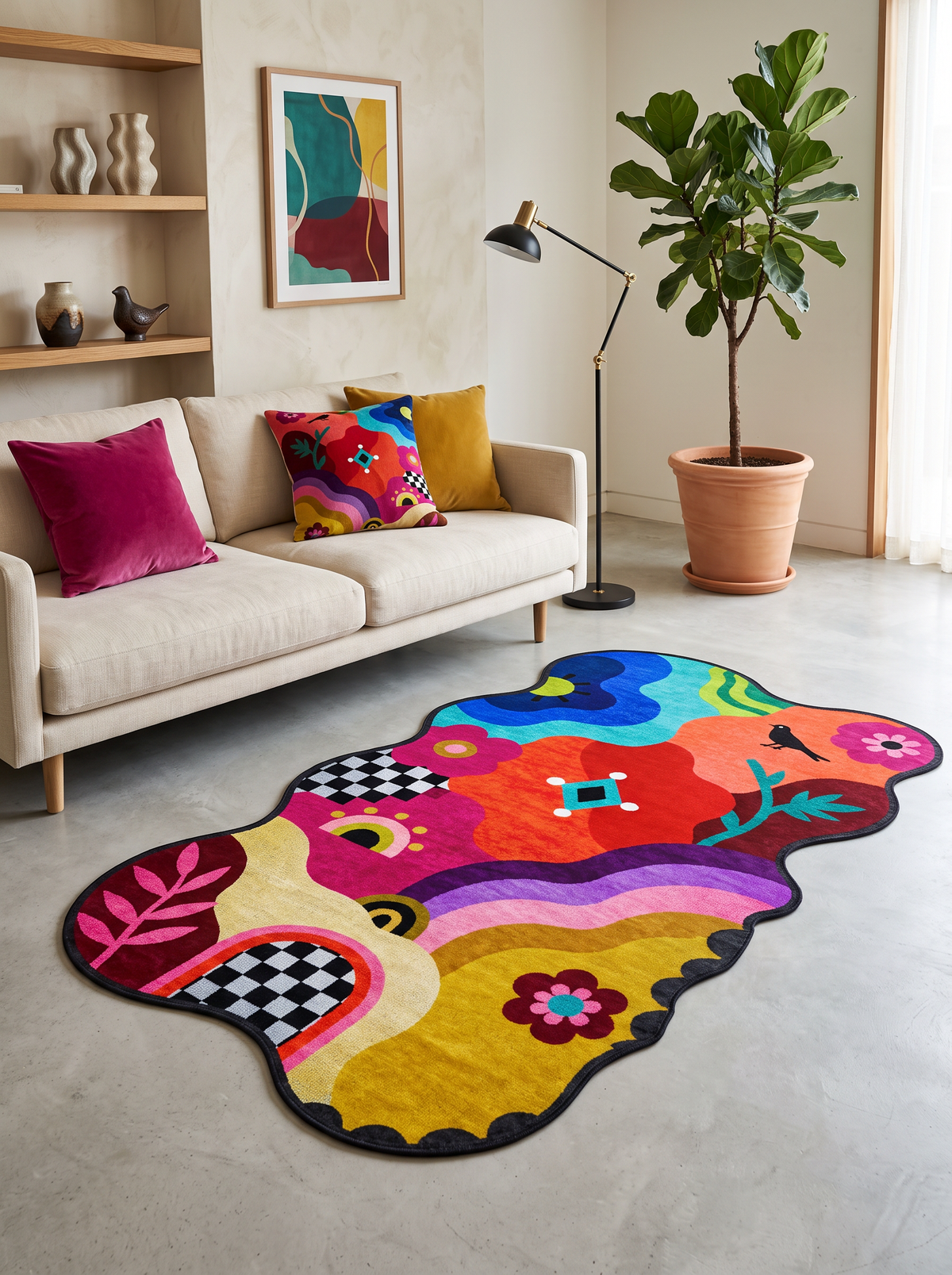 Arte AST064 Asimetrik Kesimli Modern Figürlü Renkli Şönil Halı