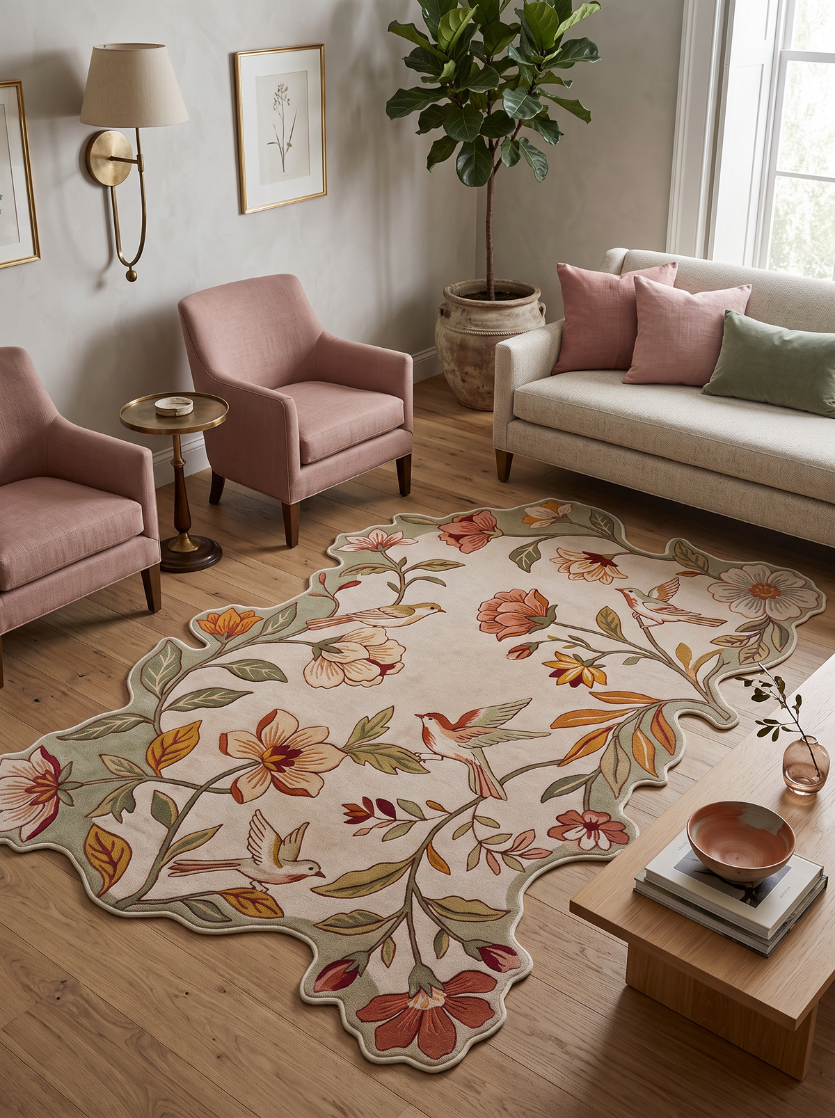 Arte AST074 Asimetrik Kesimli Çiçek ve Kuş Figürlü Şönil Halı