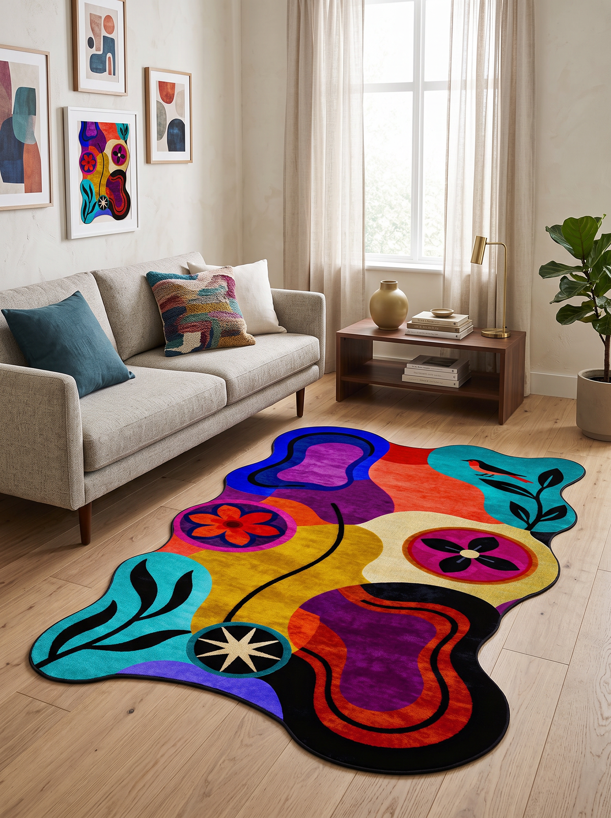 Arte AST061 Asimetrik Kesimli Modern Figürlü Renkli Şönil Halı