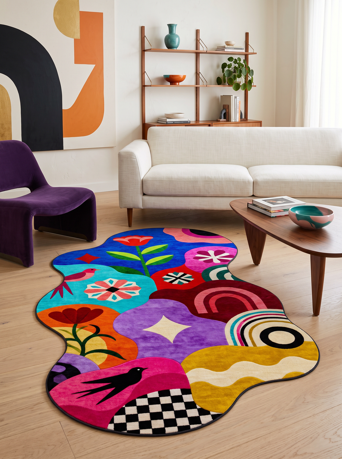 Arte AST063 Asimetrik Kesimli Modern Figürlü Renkli Şönil Halı