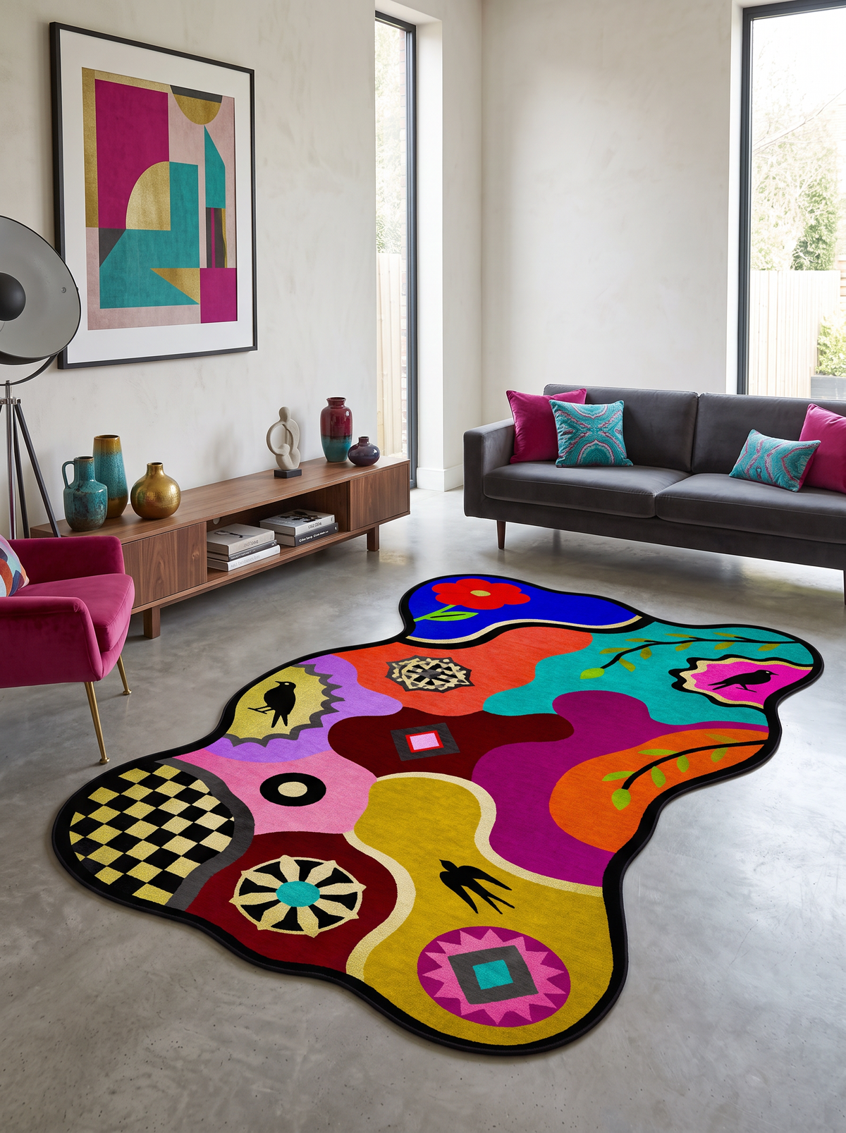 Arte AST065 Asimetrik Kesimli Modern Figürlü Renkli Şönil Halı