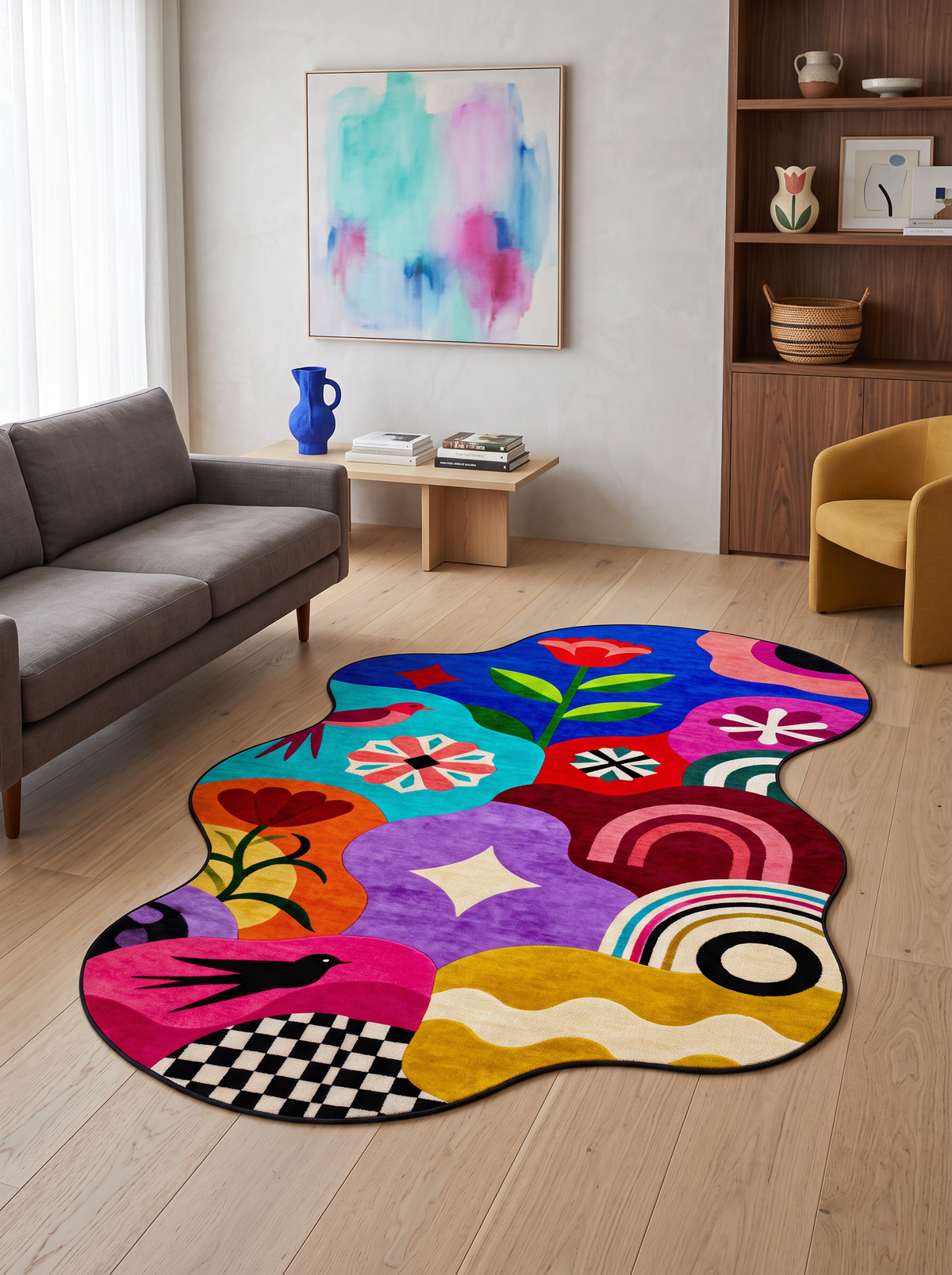 Arte AST063 Asimetrik Kesimli Modern Figürlü Renkli Şönil Halı