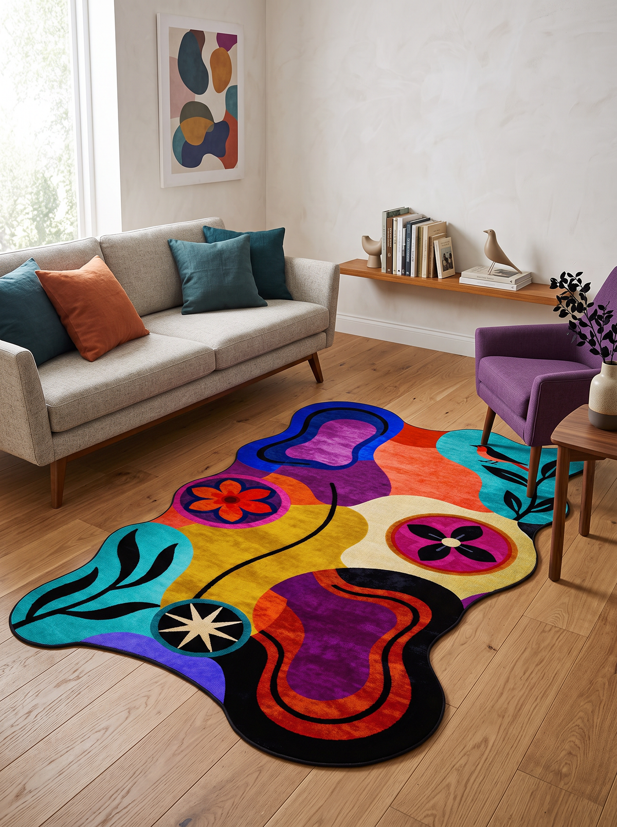 Arte AST061 Asimetrik Kesimli Modern Figürlü Renkli Şönil Halı