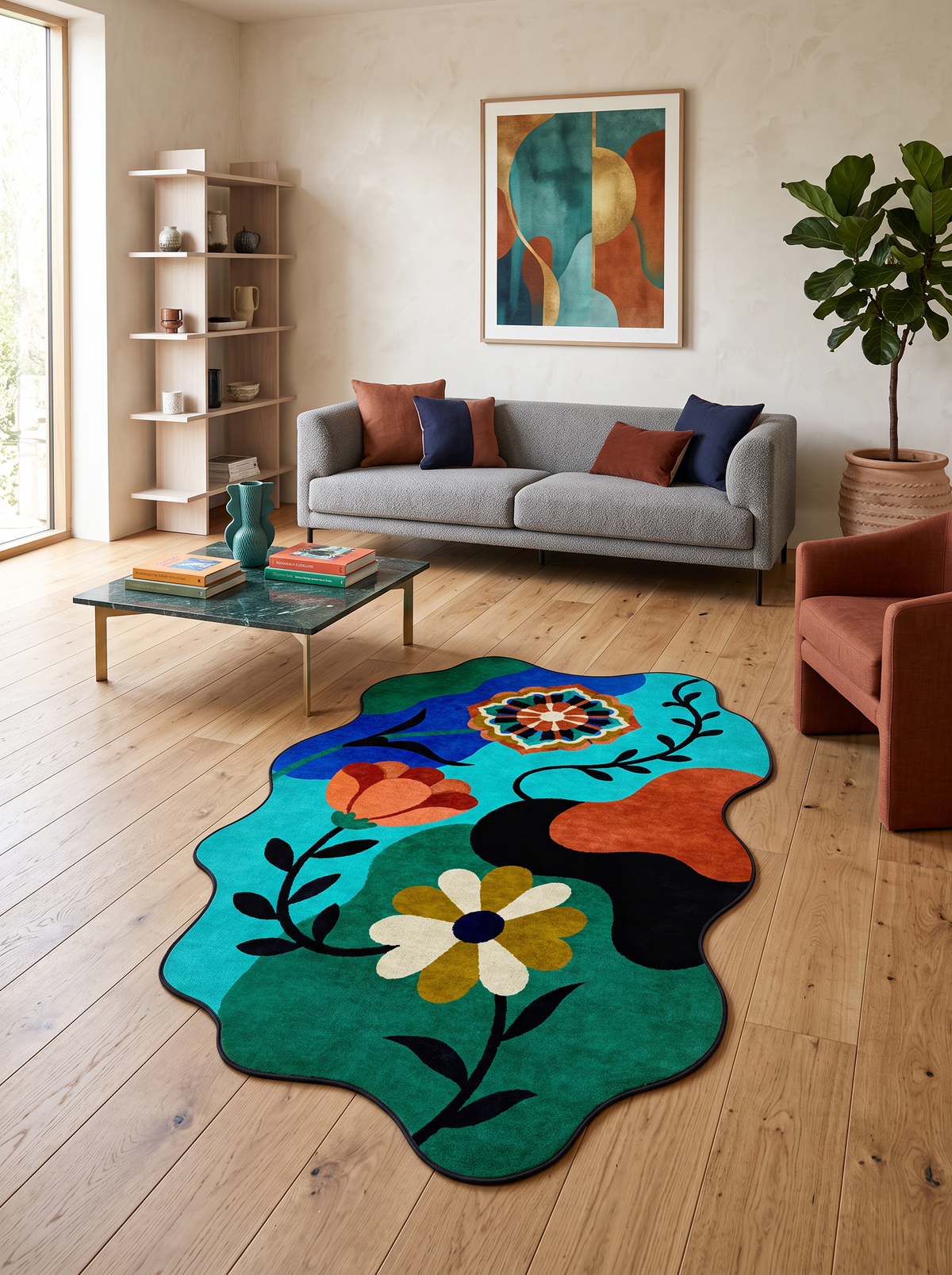 Arte AST068 Asimetrik Kesimli Modern Figürlü Renkli Şönil Halı