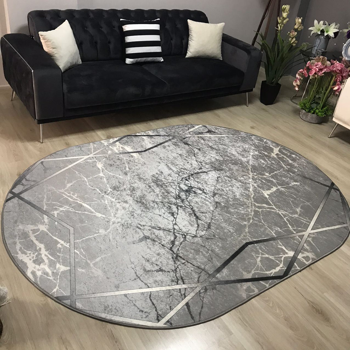 MERMER BRİLL GRİ - Kaymaz Deri Taban Makinede Yıkanabilir Salon Oturma Odası Mutfak Halısı