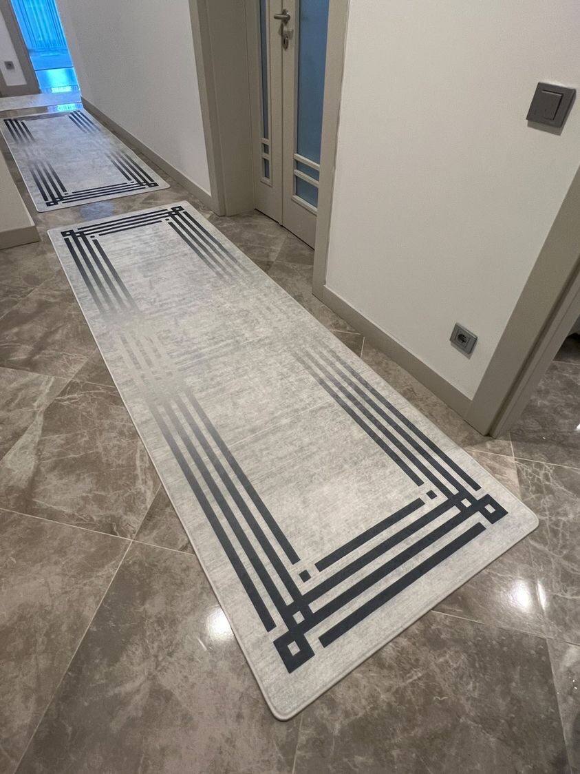 ZÜHRE LİNE GRİ - Kaymaz Deri Taban Makinede Yıkanabilir Salon Oturma Odası Mutfak Halısı